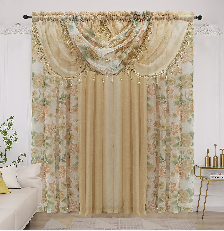 Modern design sheer printed window curtains 7 pieces sheer drapes set ready made curtain valance for the living room