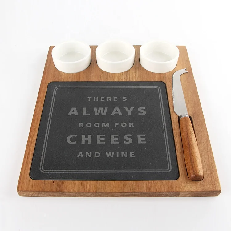 Customized material and shape wooden cheese board with dipping bowl and slate cutting board,cheese knife set