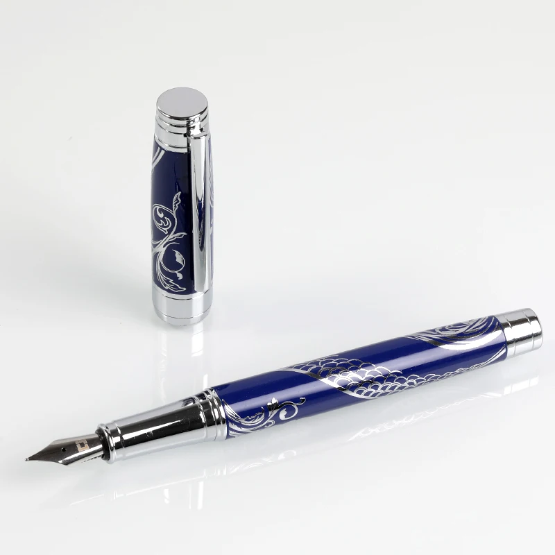 Luxury Blue Silver Fountain Pen Special Pattern Customer Pen Metal Fountain Pen Businessman Gift Office Tools Stationery Factory