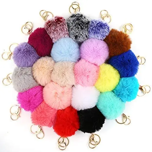 Superwin Multicolor Furry Fluffy Puff Ball Faux Rabbit Fur Ball Pom Pom Keychain