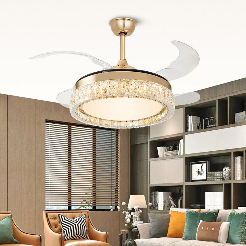 Dropship Guzhen Gold Color Luxury K9 Crystal Remote Control Invisible Ceiling Fan Lights Ceiling Fan With Light Fan Chandelier