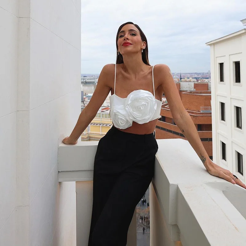 W5493 Sexy Satin Patchwork Rose Flower Camis Tank Top Women Square Collar Sleeveless Slim Crop Tops Summer Fashion White Corset