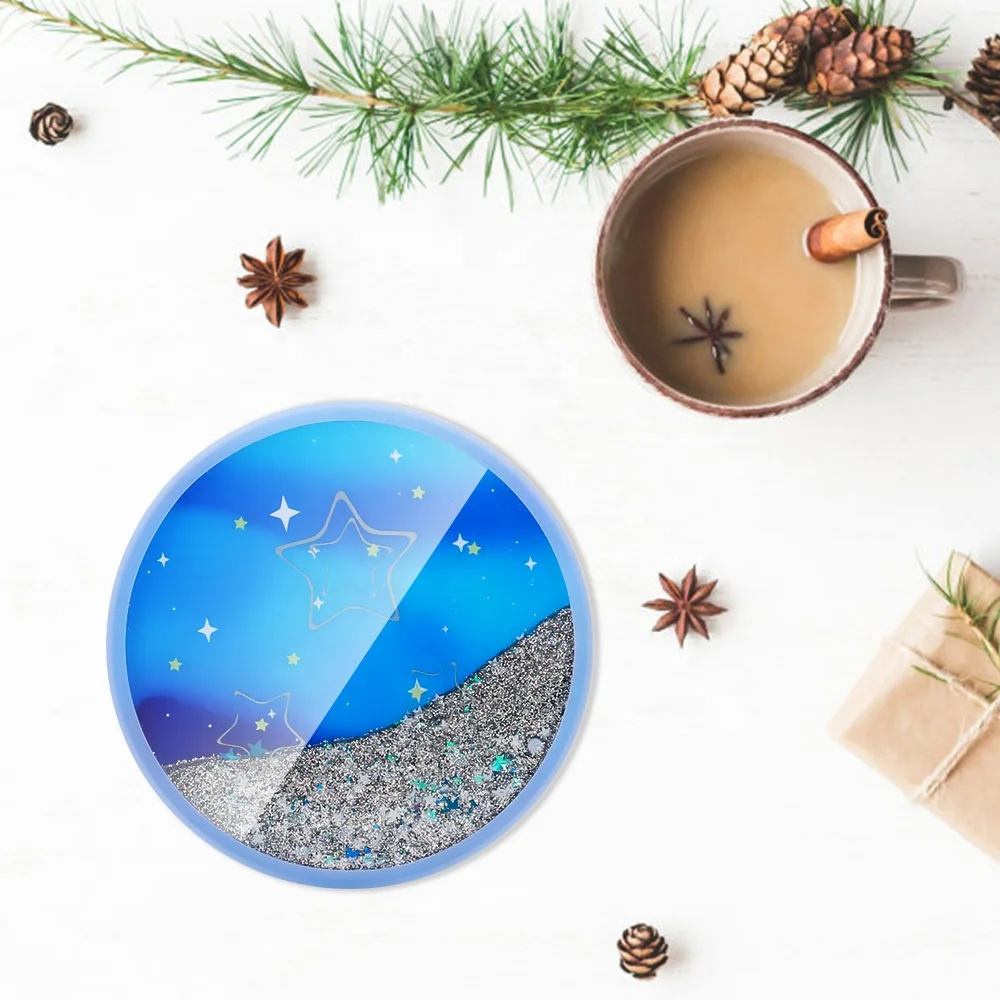 Customized Aqua Liquid Glitter Flowing Confetti Sparkle Acrylic Bubble Silicone Coffee Tea Cup Mat Coaster