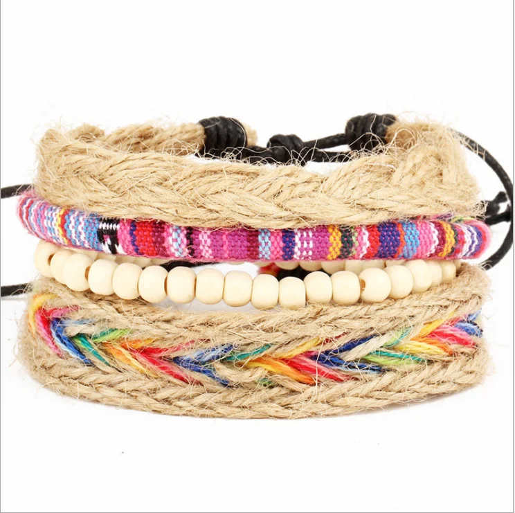 Men Woven Hemp Rope Leather Hand Chain Set Beads products Bracelet eye bracelet mens accessories pulseras para hombre