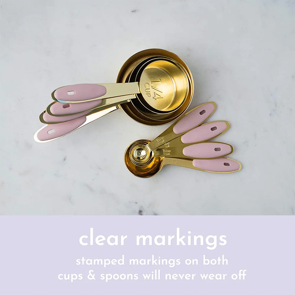 Rose gold Stainless Steel brass metal kitchen cooking measuring spoon and cup with Pink handle spoons cups of coffee espresso