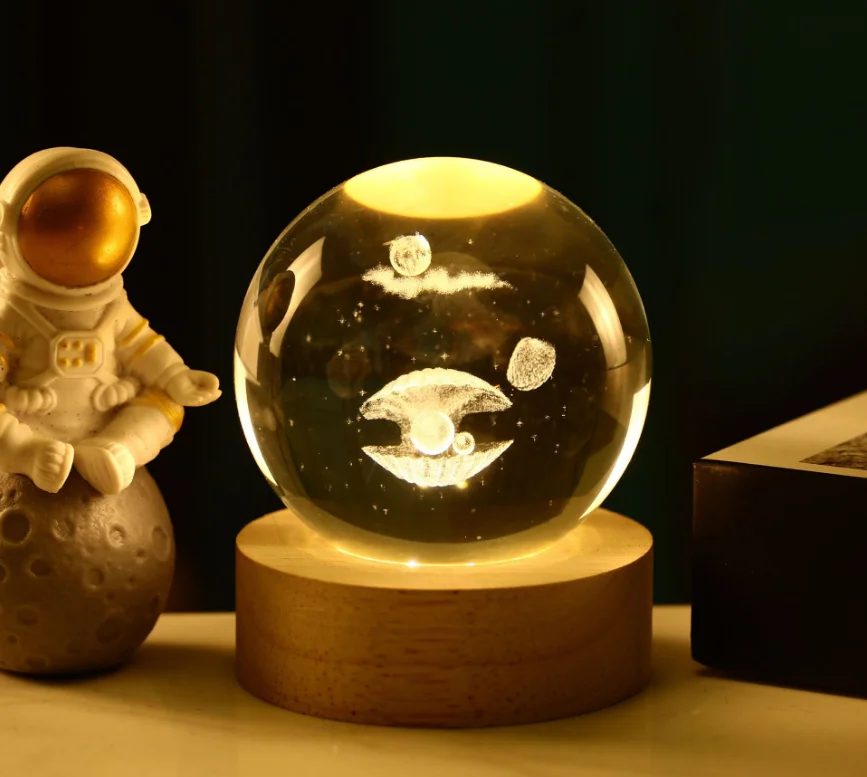 Solar System Planetary Laser 3D interior carved nightlight crystal ball with wood-based LED nightlight