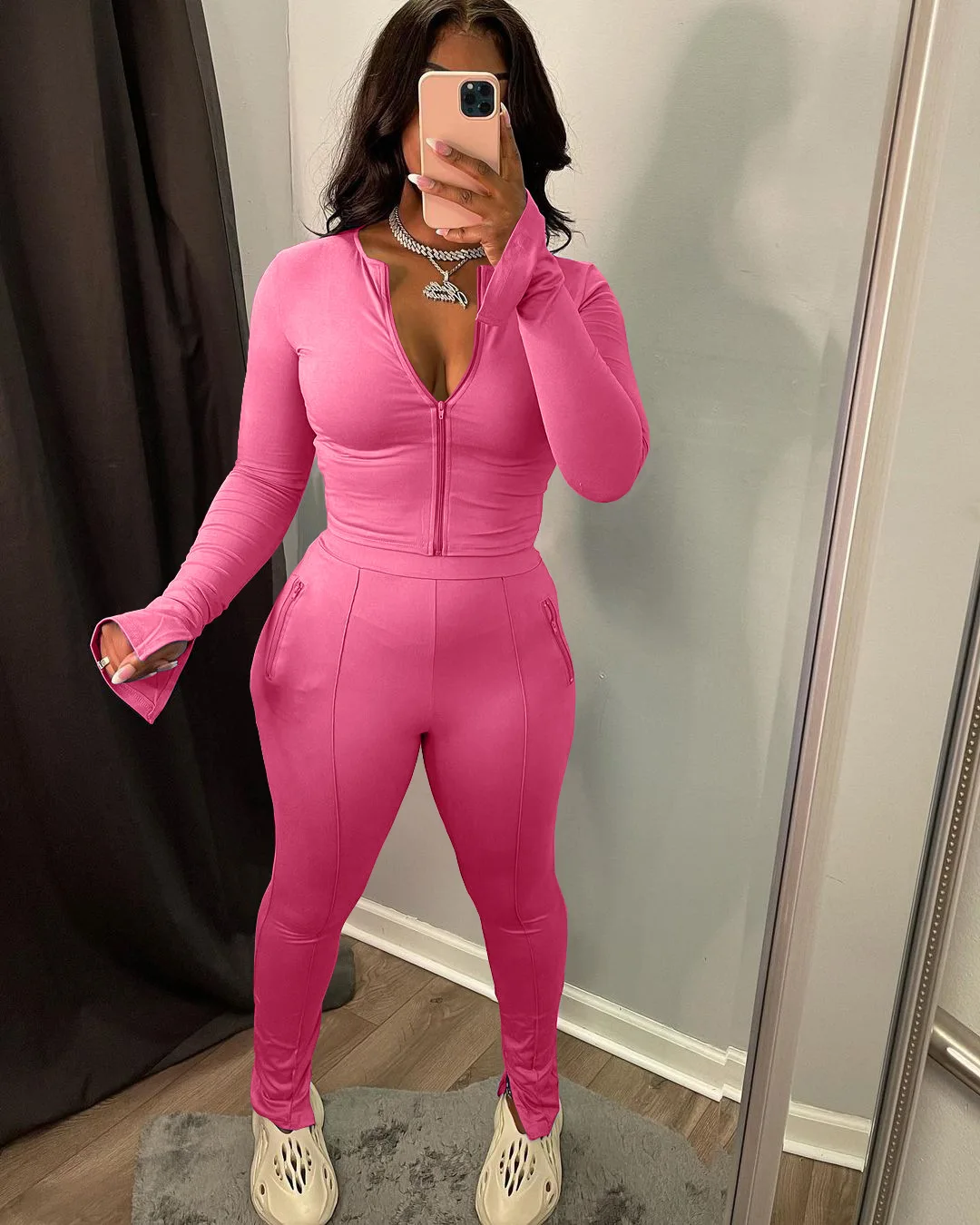 Fall Winter 2022 Women Clothes Solid Zip Split Two Piece Sports Suit Sexy 2 Piece Set Women Custom Logo Women Pants Set