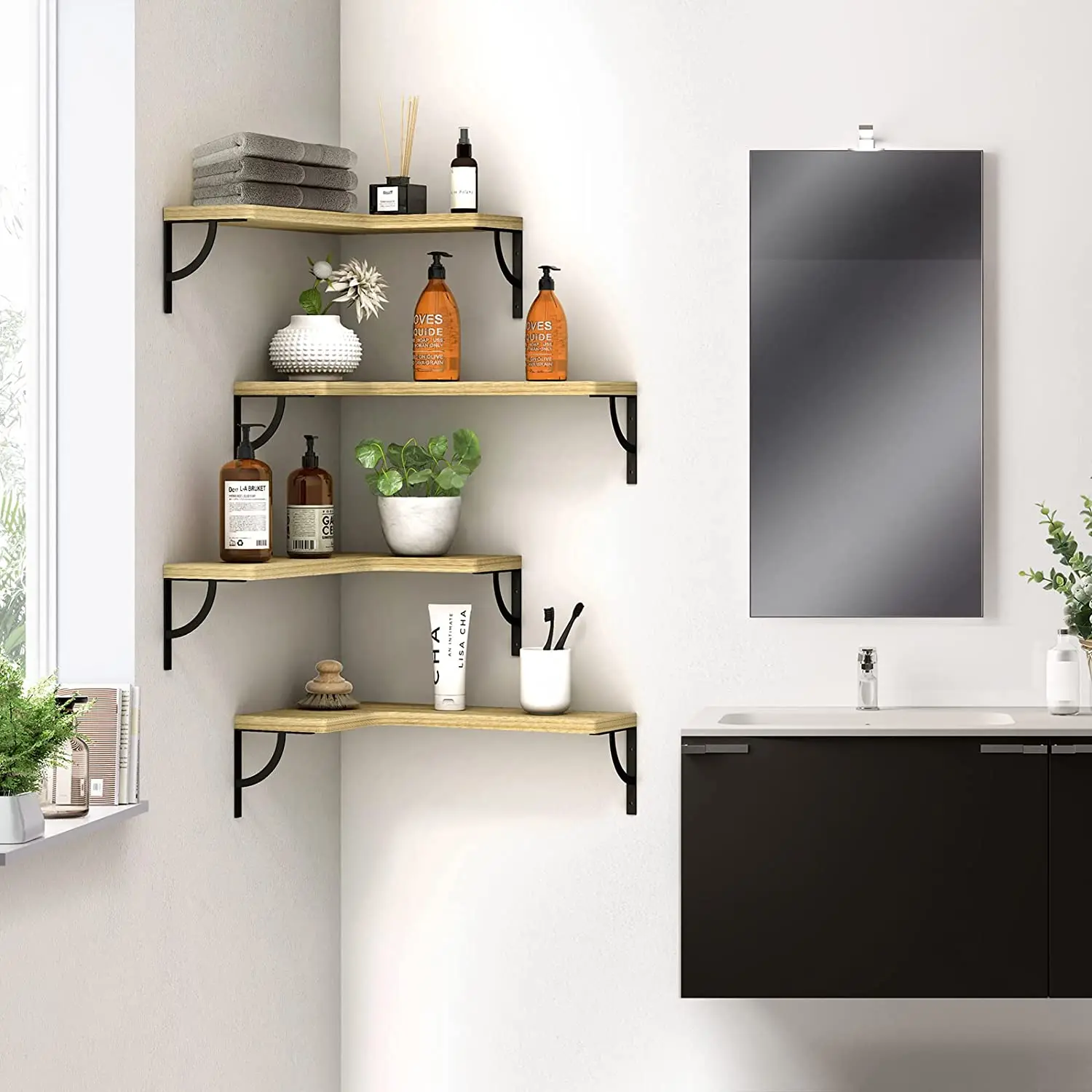 Corner floating shelf wall mounted 4-piece set, wooden wall frame suitable for living room bedroom bathroom kitchen decoration
