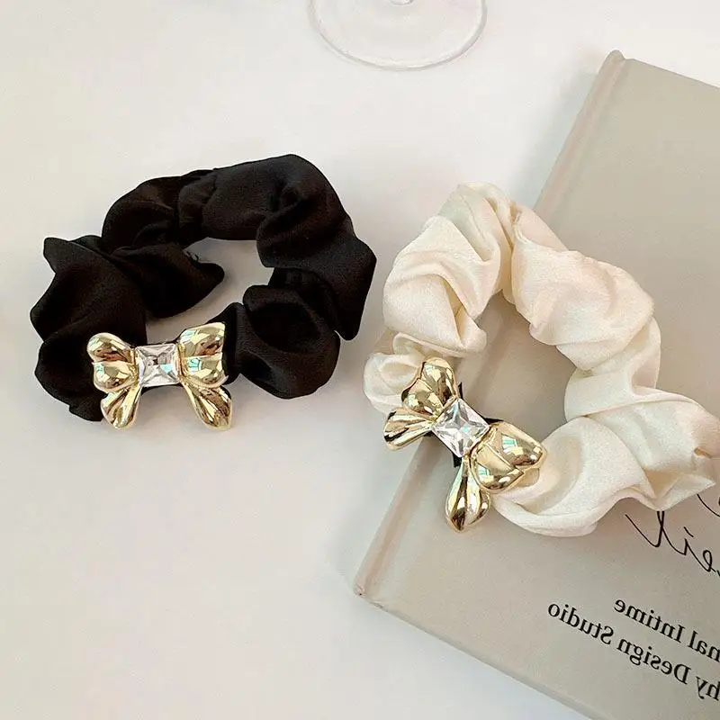 Golden Rhinestone Bows Satin Fabric Hair Scrunchies Elastic Hair Bands For Women Girls Ponytail Holder Hair Ties