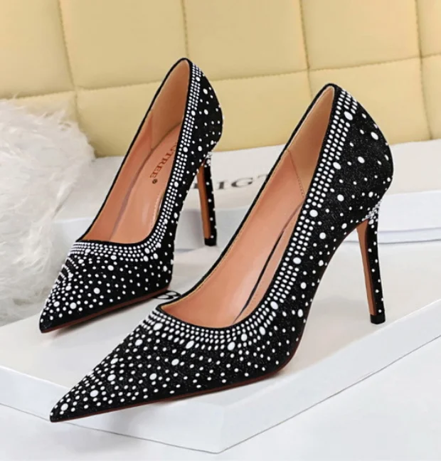 Korean fashion sexy women suede pointed toe rhinestone thin high heel shoes 42 43