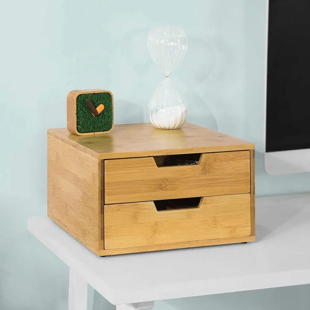 Bamboo Desk Tidy Stationery Organizer with 2 Drawers Coffee Machine Stand & Coffee Pod Capsule Box Holder Organiser