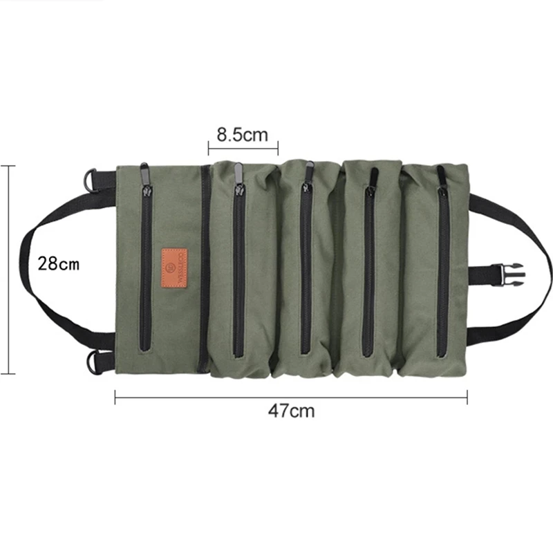 Canvas Tool Roll Pouch with 5 Zipper Pockets Tool Organizer Bag