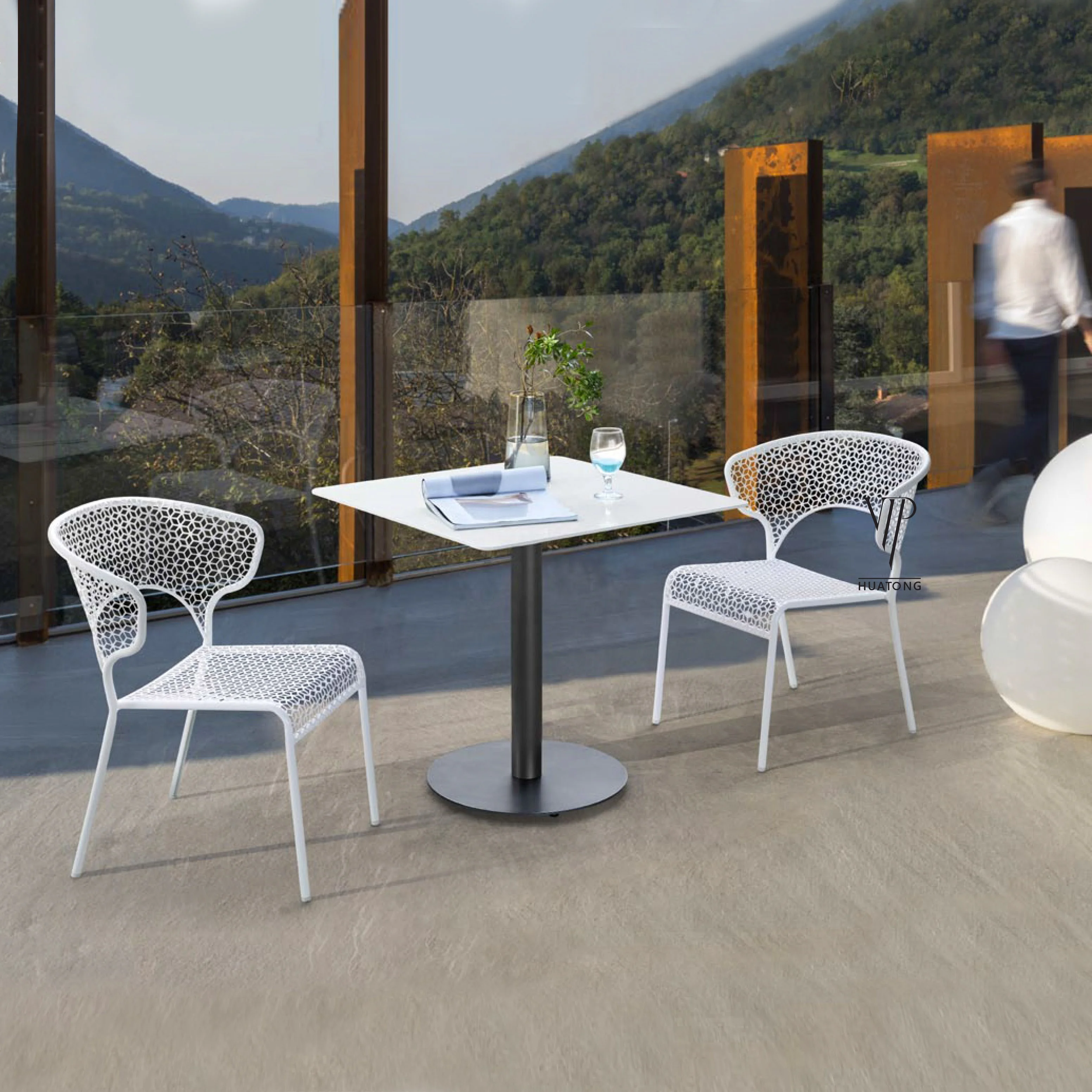 Popular metal iron Cafe Tables And mesh Chairs Bistro Commercial Outdoor Table Set