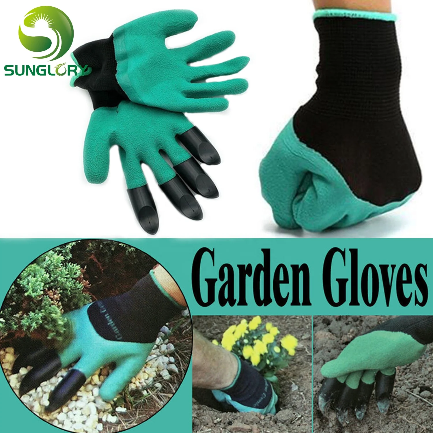 1 Pair Garden Gloves Rubber Polyester Builders Garden Household Safety Work Gloves Gardening Latex Dig 4 ABS Plastic Claws