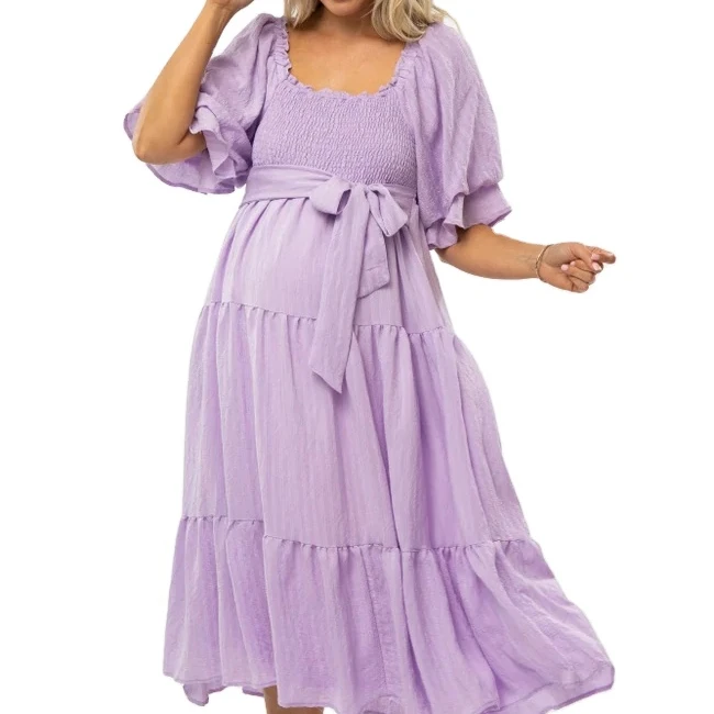 2022 wholesale new fashion Lavender Smocked Tiered Maternity Dress maternity photo shoot dress