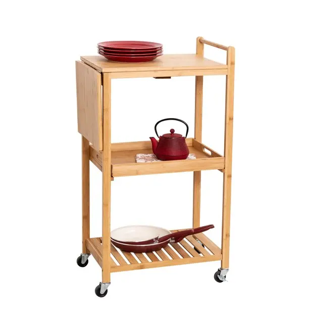 Foldable Bamboo Rolling Kitchen Island Cart Storage Trolley Cart Rolling Wood Cart With Wheels