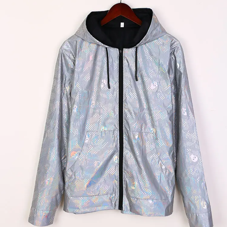 China Factory Custom Full Zip up Hood Coat Wholesale Cheap Blank Mens Rainbow Reflective Jacket