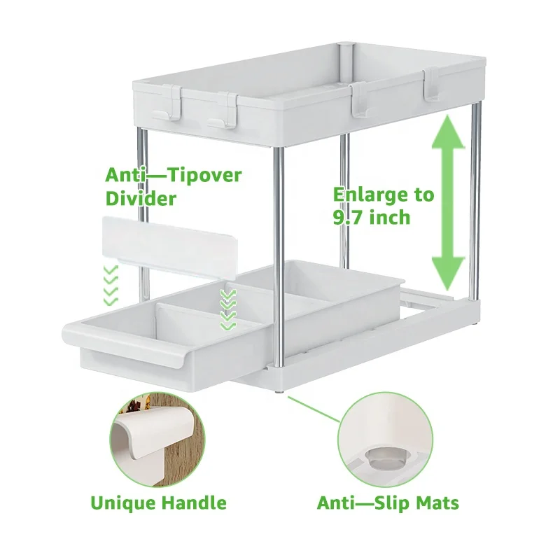 Sliding Cabinet Basket Organizer 2 Tier Under Bathroom Storage Rack with Hooks Under Sink Organizer with Drawer