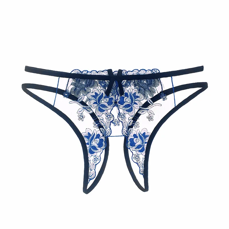 Delicate Female Japanese Transparent See Through Blue Lace Embroidery Sexy Lingerie Open Crotch Butterfly Thong Panties Women