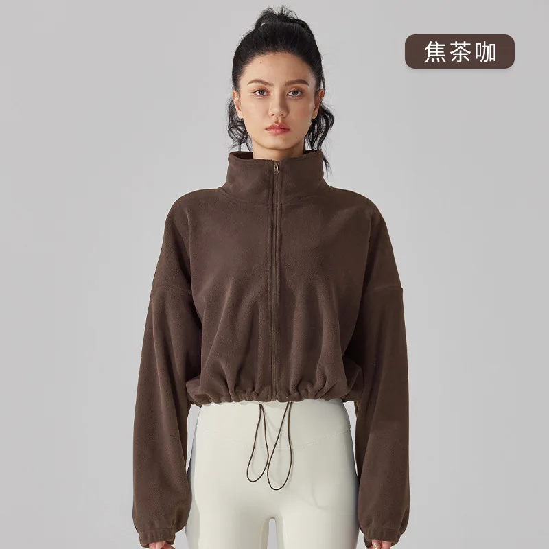 Womens Clothing Winter Outfits Thick Stand Collar Fleece Yoga Jacket Gym Fitness Sportswear Casual Warm Long Sleeve Yoga Coat