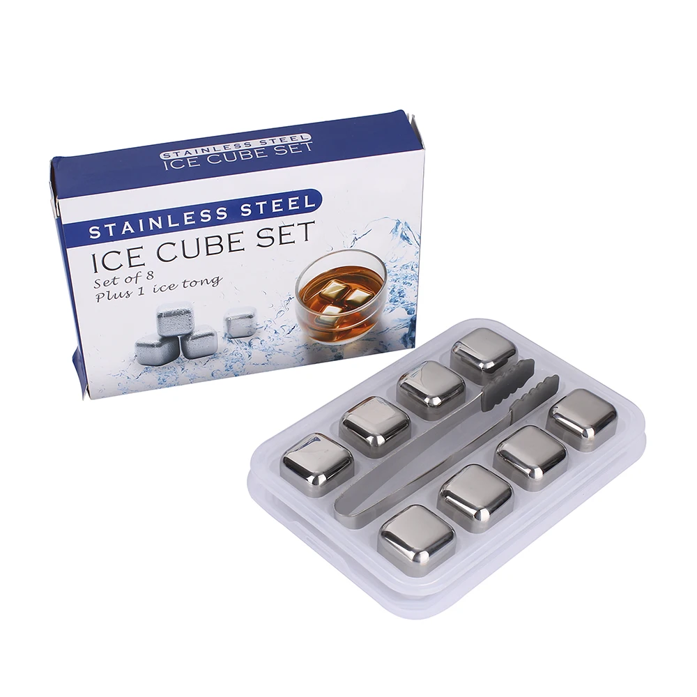 Reusable Whisky Chilling Rocks Metal Stainless Steel Ice Cubes Set of 8 with Tongs and Tray
