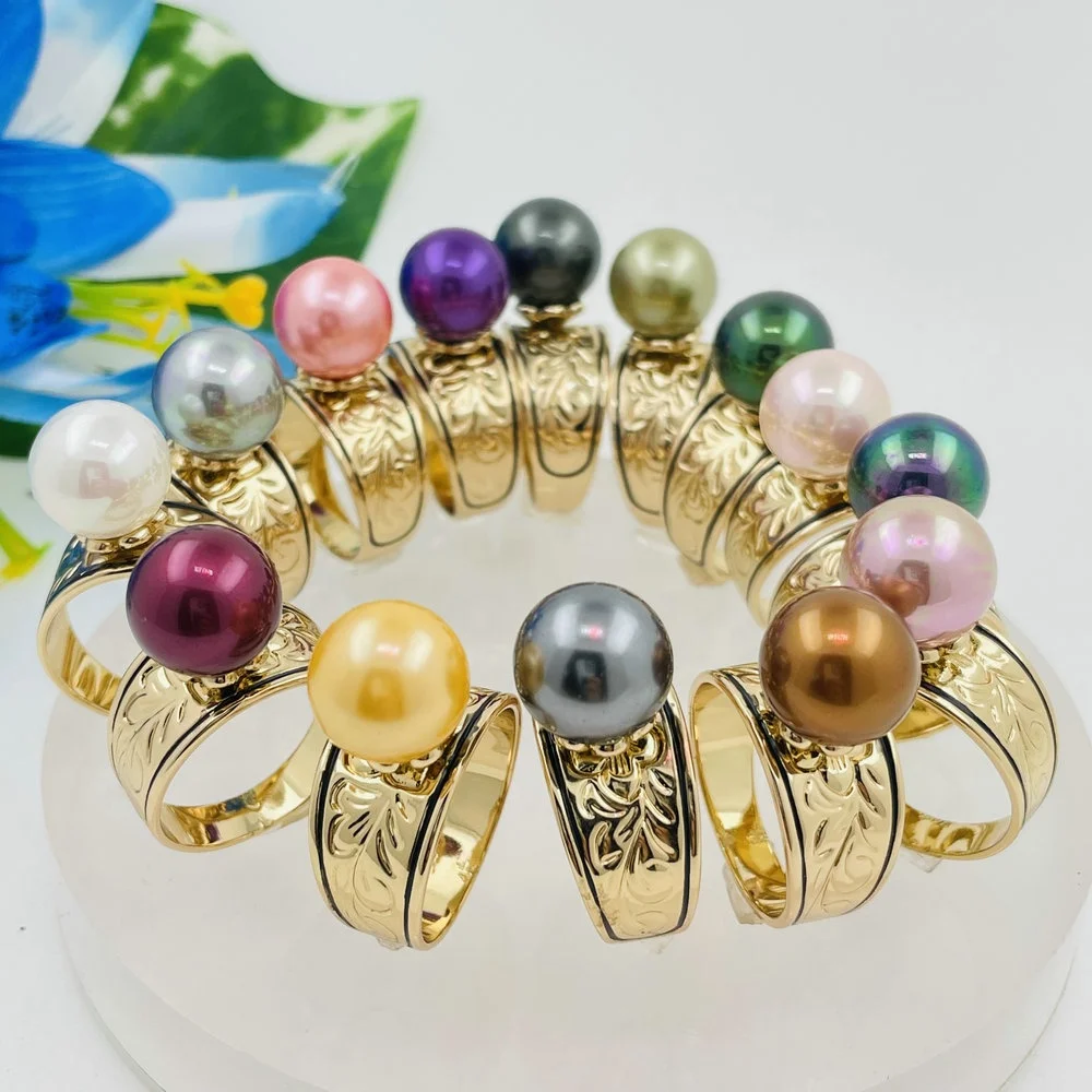 JX113 pearl ring 15 colors 6 sizes all ready to ship 12mm wide ring with 12mm shell pearls Hawaiian plumeria ring Samoan jewelry