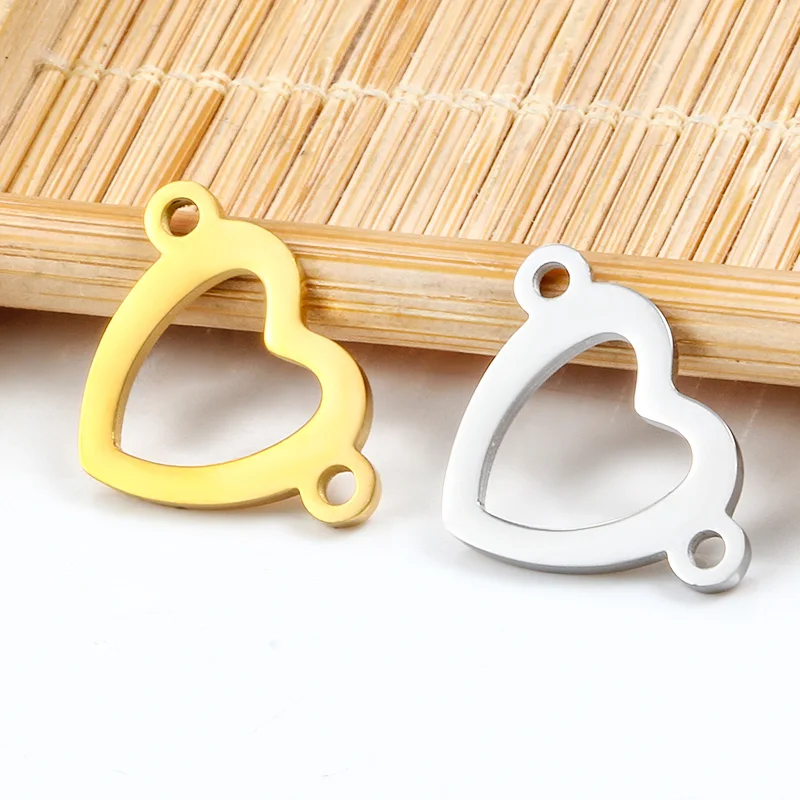 Polished 18K Gold PVD Plated Heart Charms For Bracelets And Necklace Two Hole Love Shape Stainless Steel Jewelry Accessories