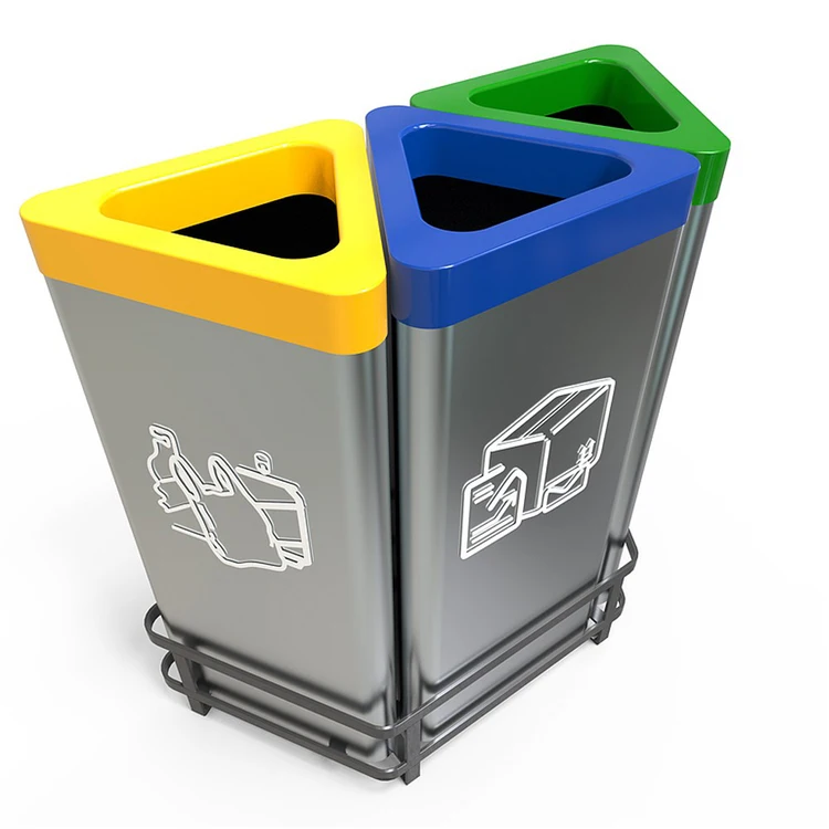 High Quality Stainless Steel Trash Can 3 Containers Metal Dustbin Commercial Garbage Waste