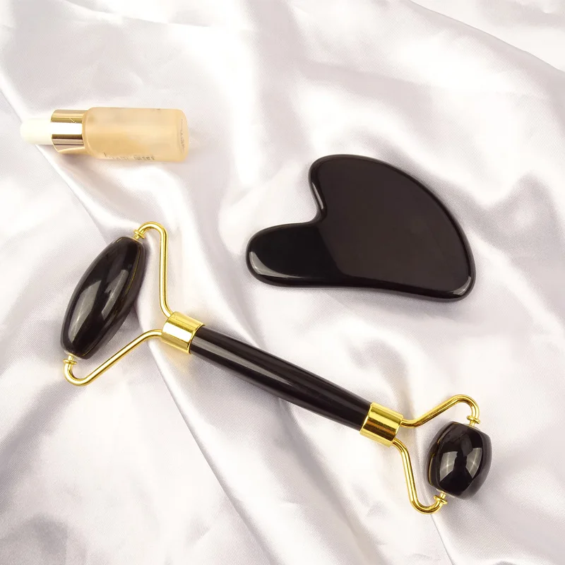Free Custom logo jade roller Natural Black jade roller and gua sha Obsidian face facial rolelr massage tool