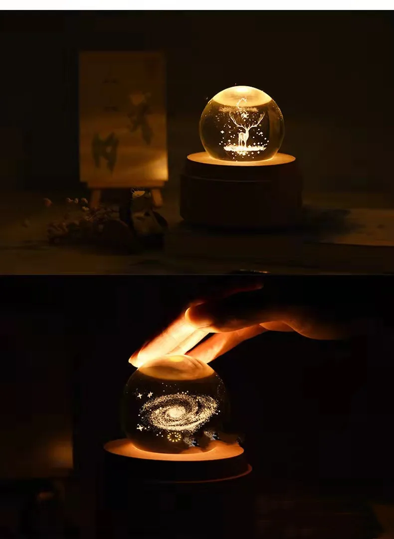 Пользовательская 3D Музыкальная шкатулка с хрустальным шариком вращающаяся ночным освещением и деревянной основой музыкальной шкатулкой