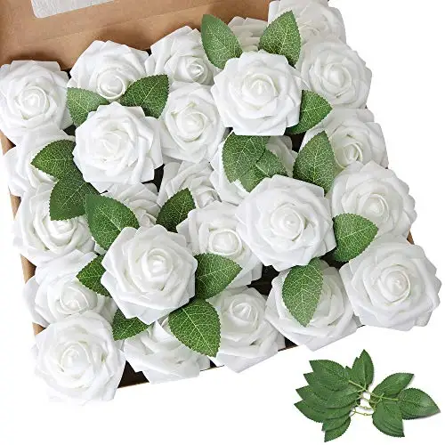 White Artificial Flower Combo Ivory Rose 25pcs white silk Roses with box Centerpieces Arrangement DIY Wedding Bouquet decoration