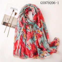 Wholesale Custom Floral Print Women Hijab Linen Cotton Scarf With Tassel