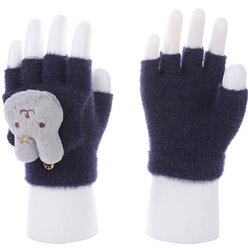 New winter cashmere half-finger flip-up gloves 2024 cartoon cute student warm thickened knitted gloves for men