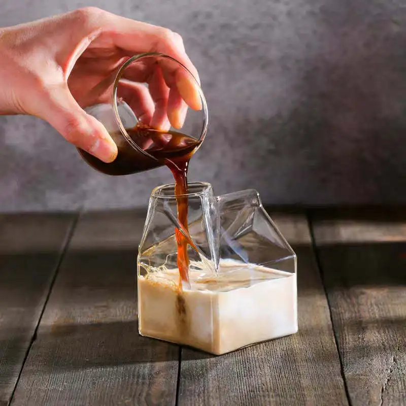 Wholesale 350ml 12oz High  Boron Glass Milk Jug Bottle  Square Carton Shape Glass Milk Container