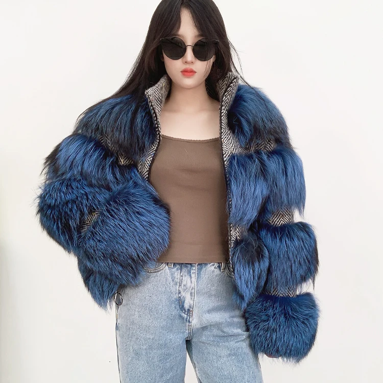 Fashion winter fluffy jacket luxury low price woman blue real fox fur coat