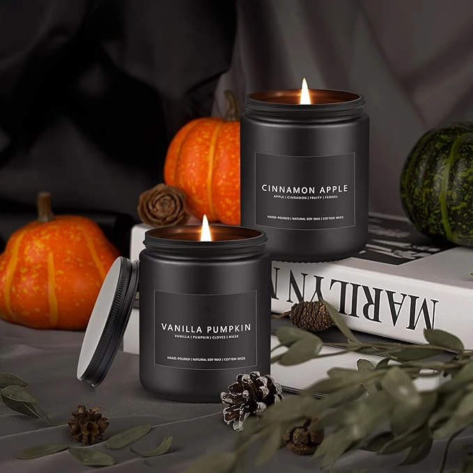 8oz soy autumn aromatic candles custom logo luxury black glass fall candles vanilla pumpkin spice scented candles with metal lid