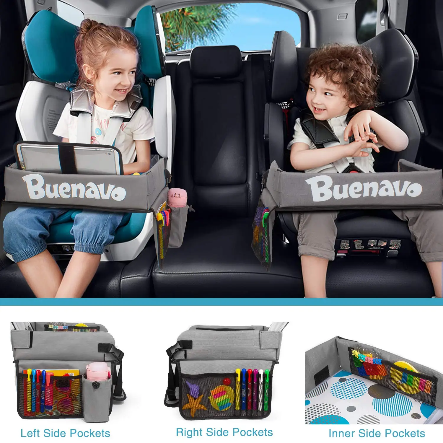 Hot Kids Printing board Multi Function Car Seat Table with Bags Pocket Car Seat Table Kids Travel Tray