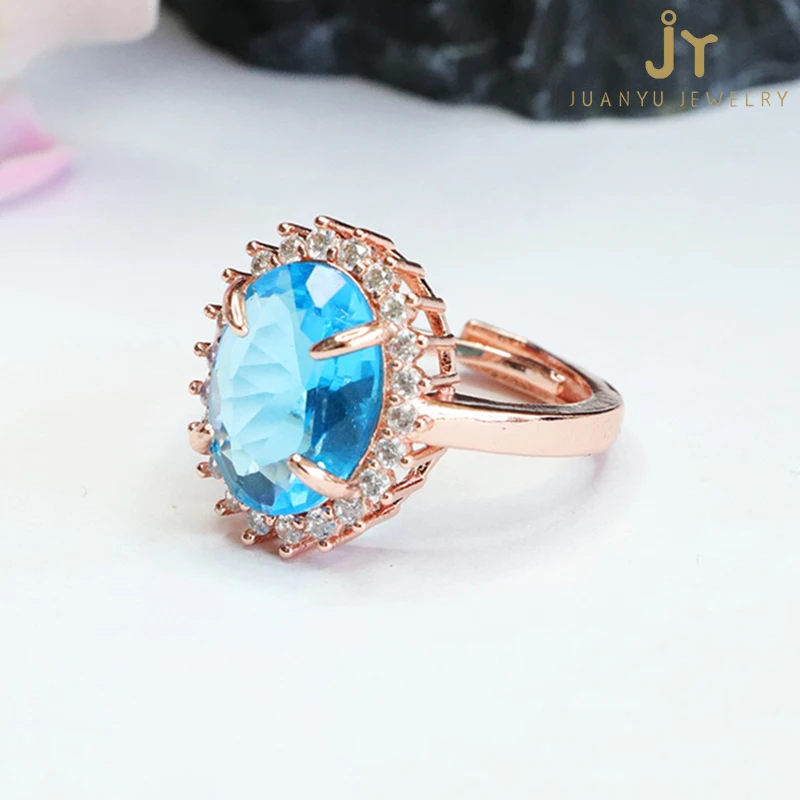 Oval Shape Blue Cubic Zirconia Rings Wholesale Jewelry Stone Luxurious Coloured Glaze Rings Healing Crystal and Topaz Rings