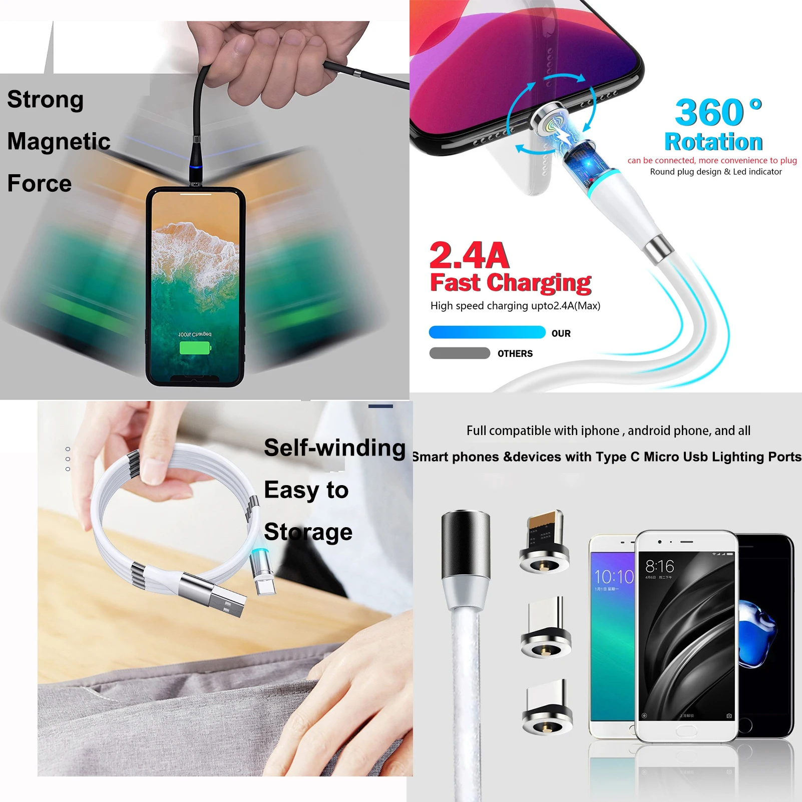 USB Charging Cord Self-winding Coiled 360 3A Charger 3 In 1 Magnetic Usb cable