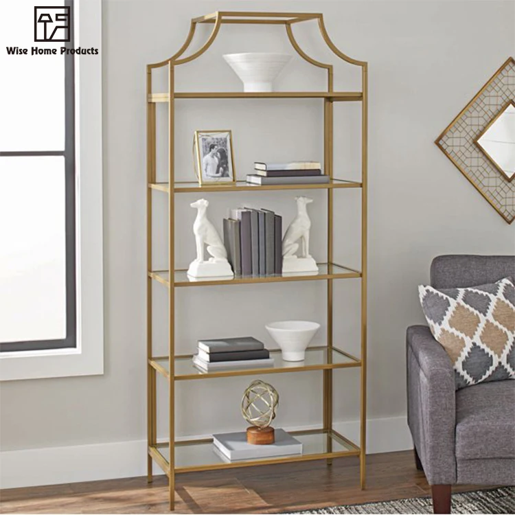 Modern 5 Shelf Vertical Tempered Glass Stainless Steel Gold Etagere Metal Bookcase