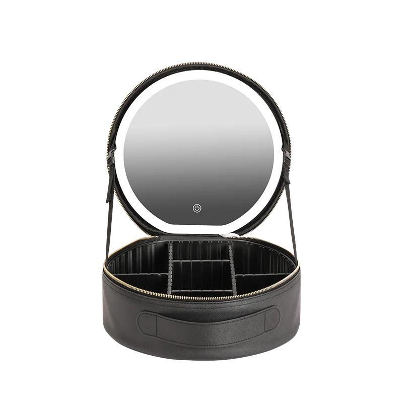 PU Makeup Bag with Led Mirror Lighted Make Up Travel Bag with Dividers Cosmetic Vanity Bag Case Round