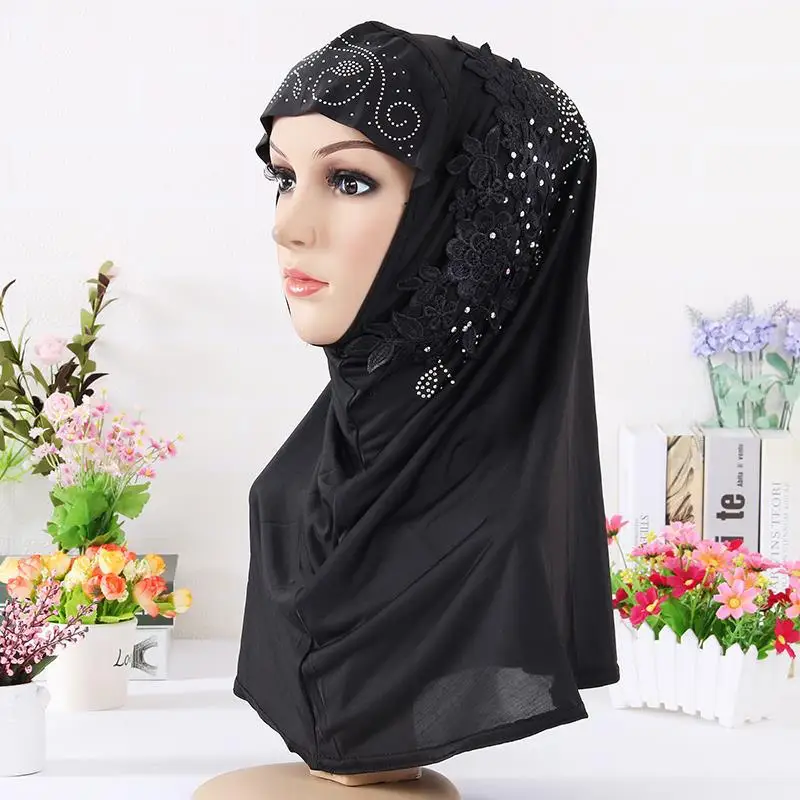 lace flowers rhinestones muslim hijab women islamic beaded hijab scarf HW263