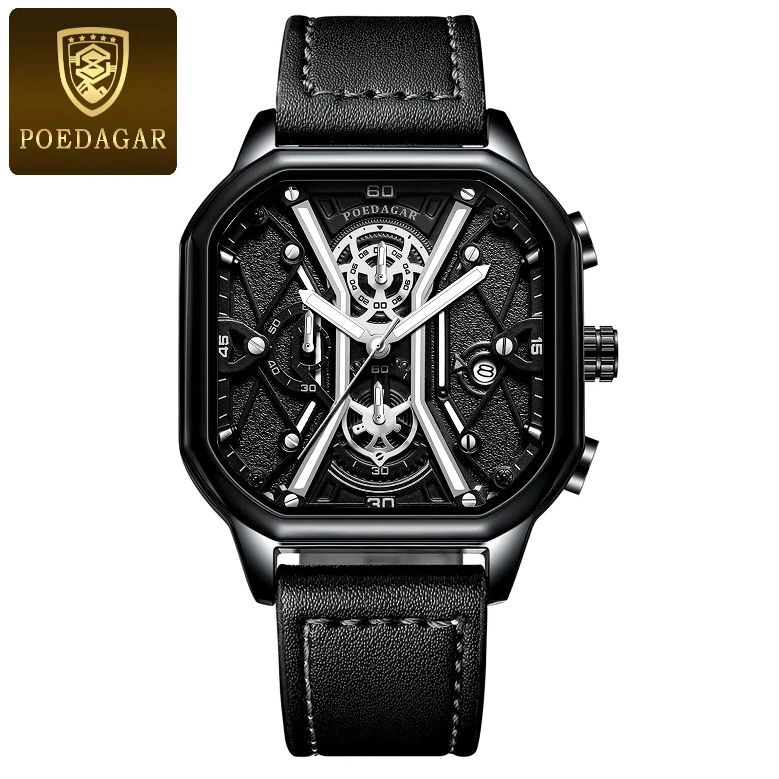 2023 New POEDAGAR 922 Luxury Watch Business Waterproof Male Clock Luminous Date Leather Strap Square Quartz Men Watch rel