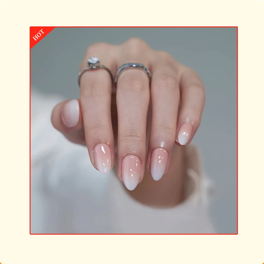 Gradient Almond Nails Ombre False Nails Press on Nails Faux Ongles Pink to White Natural with Graceful Full Cover Acrylic Finger