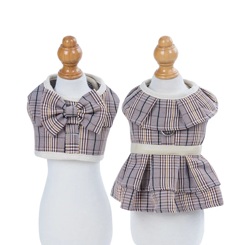 Luxury Dog Harness Pet Apparels Dog Couple Clothes Plaid Cat Puppy Small Dogs Harness Dress Bowknot Vest Harness with Leash Set