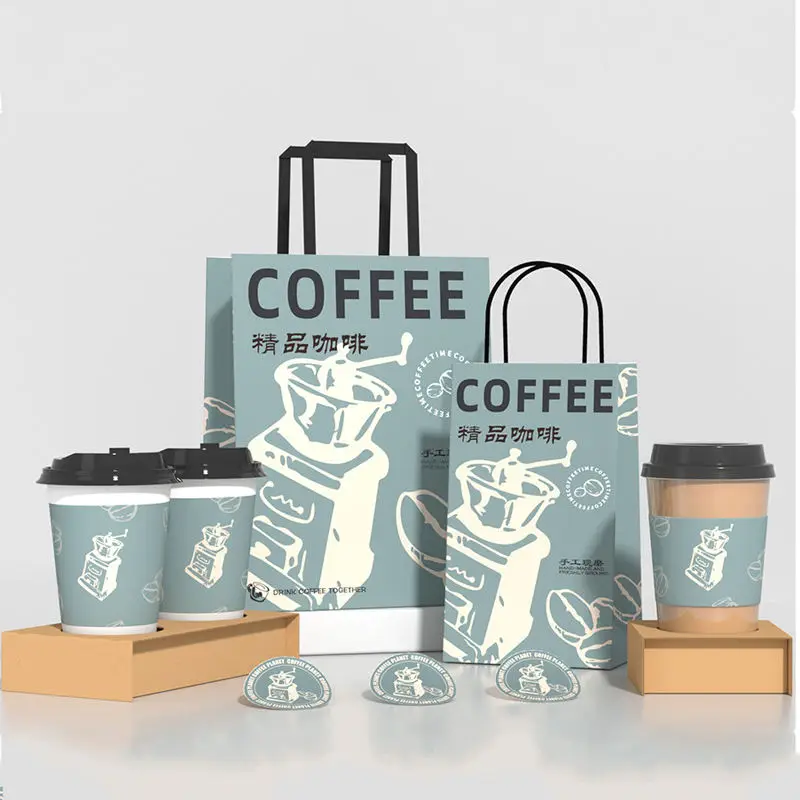 Custom Printed Recyclable Wholesale Kraft Paper Bag Coffee Cup Set Takeaway Food Packaging Paper Cups Paper Bags with Handle