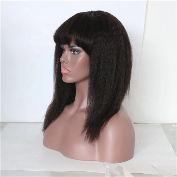 
New Arrival Light Yaki Straight with Bang Virgin Indian Gluless Human Hair Lace Front Wigs with Baby Hair 