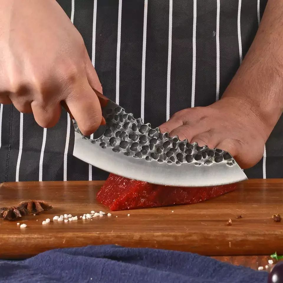 Customized Serrated Edge Cleaver Butcher Chef Knife Stainless Steel Chopping Kitchen With Leather Sheath