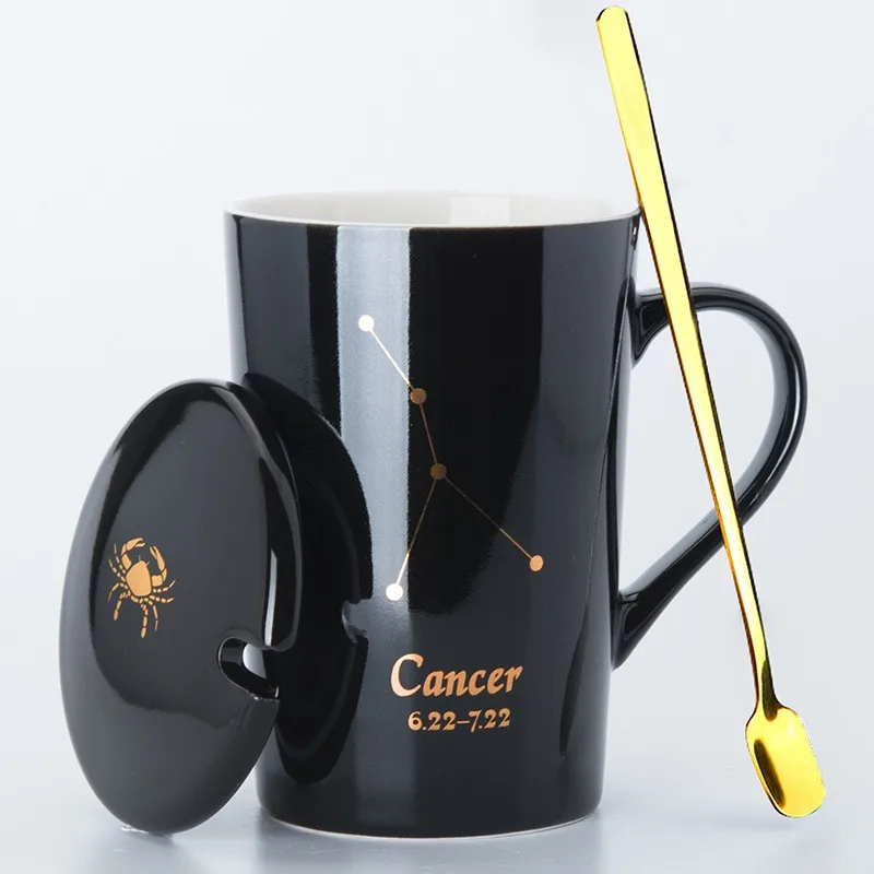 450ML Fashion Constellation Horoscope Ceramic Mug Couples Drinking Cups Coffee Mug with Lid and Spoon