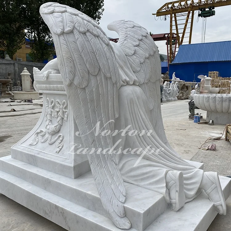 Outdoor Large Stone Angel Statue White Marble Weeping Angel Headstone And Tombstone For Grave